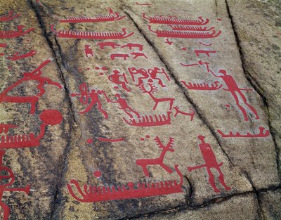 Scene di caccia in barca e cervi (incisione rupestre) da Protohistoric